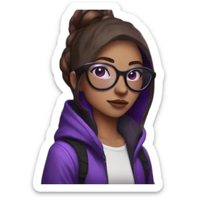 Girl broun artist with round glasses left side behind his laptop with this style: valorant riot Game purple character purple black hooded hacker themed character sticker