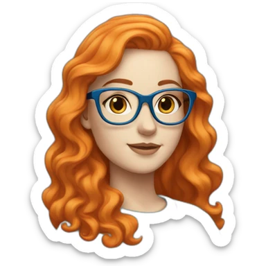 A white girl with orange long wavy hair, blue glasses and a blue blousse sticker