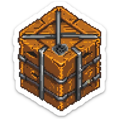 wooden crate with metal reinforcements, orange-brown wood with visible grain texture and dark gray metal bands, 32x32 pixel art game tile that looks breakable sticker