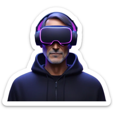 Steve Jobs wearing a black hoodie with "OMG" letters on it and VR headset in a cyberpunk VR environment with violet neon lighting. sticker