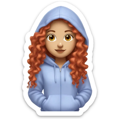 white girl with long red curly hair, wearing a pastel periwinkle hoodie doing a pose sticker
