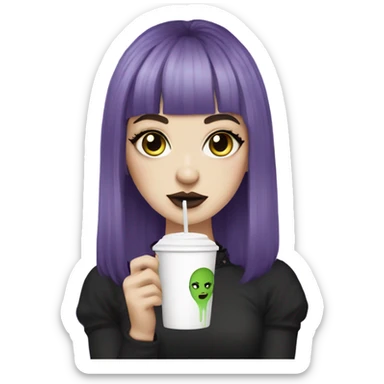 goth white girl with eyeliner, mid length, purple hair, bangs holding a cup of iced matcha   sticker