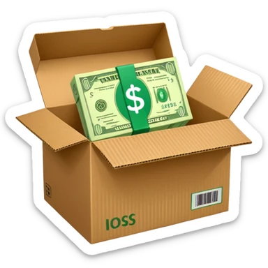 shipping box with a flat cash bill on the side of it sticker
