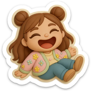 3D chibi fondant cake art style, high-quality rendering with smooth shadows and soft gradients. Girl based on reference image with preserved facial features and eye shape, long brown hair in two space buns, brown eyes, jeans, pastel floral cardigan, thick white outline like a sticker, transparent background. Rolling on the floor laughing. Ensure the face, hairstyle, and eye shape match the reference exactly. sticker