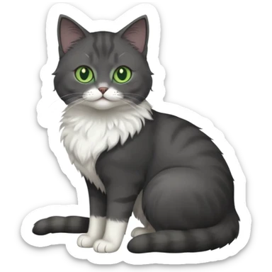 full body view of beautiful female dark grey cat with green eyes, white toes and white chest sticker