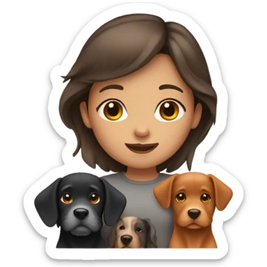 girl with brown hair and three dogs, a black, a grey and orange sticker