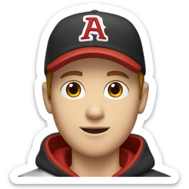 white guy with a red baseball cap backwards, brown hair, short hair, and a black hoodie,  sticker