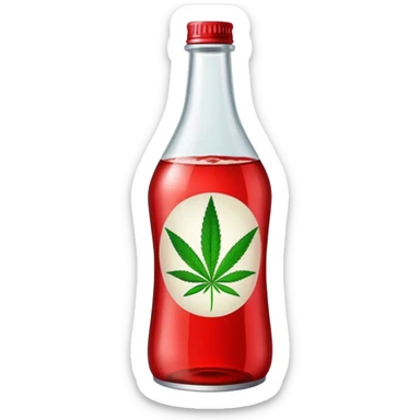 Red curved soda bottle with a cannabis leaf sticker