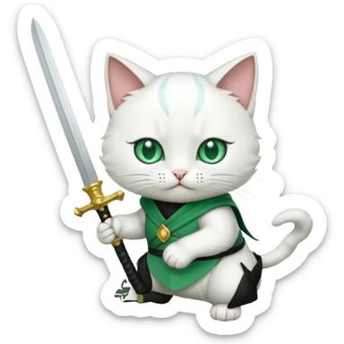 un gato blanco con reeferencia a rororoa zoro "una espada en cada mano y una en la boca" sticker