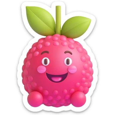 Adorable 3D lychee fruit character with round white cartoon face, shiny eyes, pink cheeks, big smiling mouth, bright pink-red bumpy glossy skin, small brown stem, toy-like, Pixar-style, colorful, fun, realistic lighting sticker