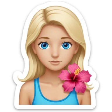 preppy coastal teen girl with blue eyes, beach blonde hair, tan skin, hibiscus flower in her ear, preppy beach outfit sticker