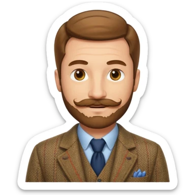 create an emoji of an adult man with wrinkles and a classy English look, he has extremely short light brown hair, brown eyes, a beard and moustache. he looks like a gentleman sticker