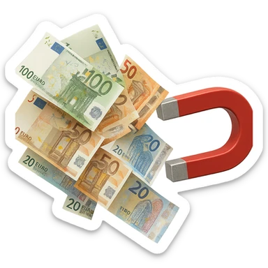 banconote di euro fluttuano vicino ad una calamita rossa, sono attratte, iperrealistico 4k sticker