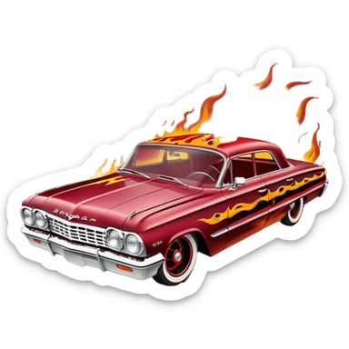 Satan’s streamlined Hot rod custom 1964 impala low rider four door carbon fiber hood body driving through hell  sticker