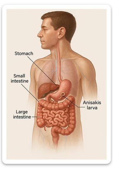a 3D cutaway view of the human digestive tract, showing an Anisakis larva attached to the intestinal wall. in a man sticker