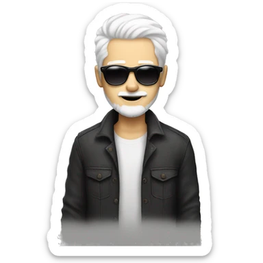 20 yea old looking guy with white hair and round sunglasses, white beard, white skin sticker