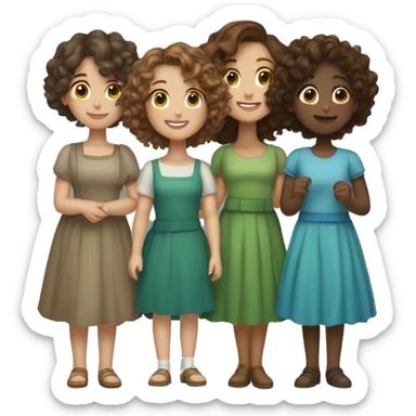 3 girls holding hands, one short with brown curly hair and a dress, one medium height with brown wavy hair and green skirt and top, one medium height with brown wavy hair with a blue dress sticker