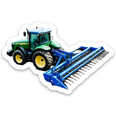 Bourgault 3420 Paralink Hoe Drill (2022) – Cinematic-realistic John Deere 6155M tractor hauling a Bourgault 3420 Paralink Hoe Drill, its powerful green frame pulling the vast blue seeder across endless fields. The machine plants seeds with pinpoint accuracy, leaving precise rows in the rich brown soil,  sticker