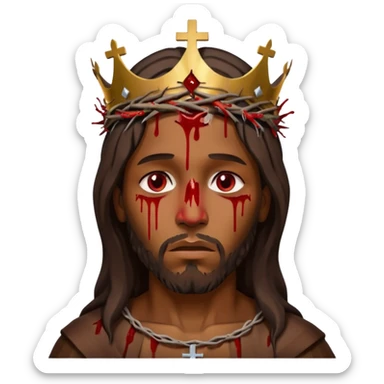 African American Jesus Christ bleeding on wooden cross with crown of thorns on his head sticker