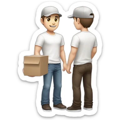 Pale skinned fit Man with dark brown hair in a light gray cap, dark brown jeans, brown polo and white T-shirt keeping a pasted with tape white box into his hands sticker
