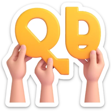 multiple hands holding the letters Q, & and A respectively, in 3D emoji style, three-dimensional and lively, no background sticker