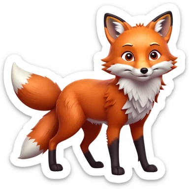 cinematic-[fox]-realistic-full-body-standing on all fours-emoji,-tail-tucked-close,-head-tilted-dramatically,-fox-[red]-fur,-simplified-yet-realistic-focused-features,-highly-detailed,-glowing-with-an-almost-sarcastic-glow  expressive eyes sticker