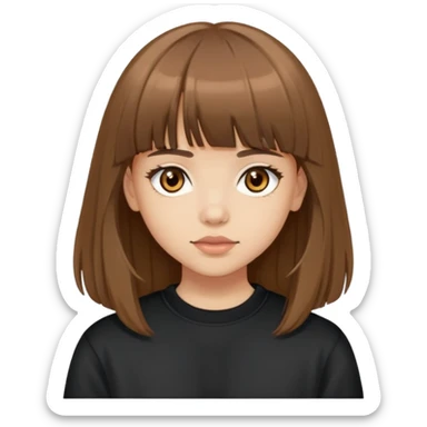Light skinned girl with brown eyes, long brown hair with bangs, wearing a black sweatshirt sticker