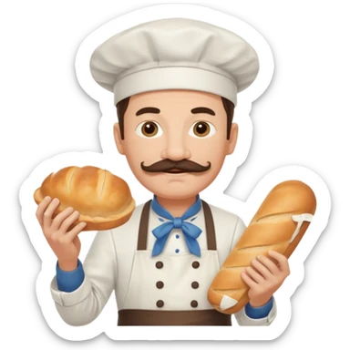 Middle aged male pastry chef - with a mustache, apron, white hat, holding bread sticker