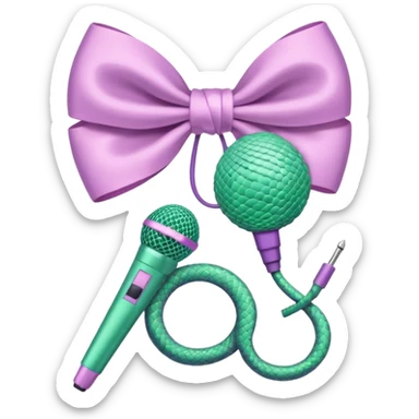 A pastel pink bow with a pastel green snake on the top of one side and a pastel purple microphone on the bottom of the other side sticker