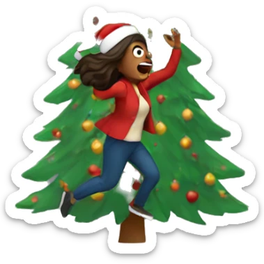 woman running scared from Christmas tree sticker