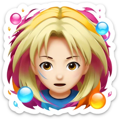 Icon for Anime: vibrant, dynamic scene with popular anime characters in action, featuring exaggerated expressions and colorful backgrounds. The design should reflect the distinct, energetic style of anime, with iconic eyes and unique visual elements. Transparent background. sticker