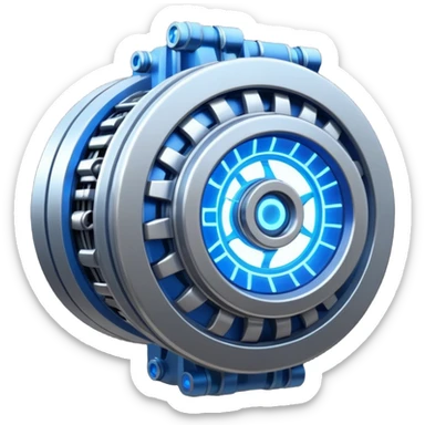 Powerful half-futuristic half-modern engine emoji, thick industrial metal body, rotating inner parts, glowing energy core. sticker
