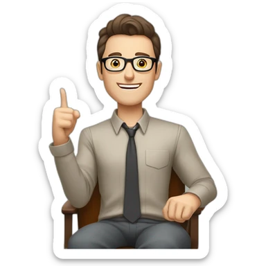 Joyful Celebrating victory Hands up Pale skinned Fit Man With dark brown hair in gray jacket, beige office shirt, Brown pants and vintage glasses sitting In a soft chair sticker