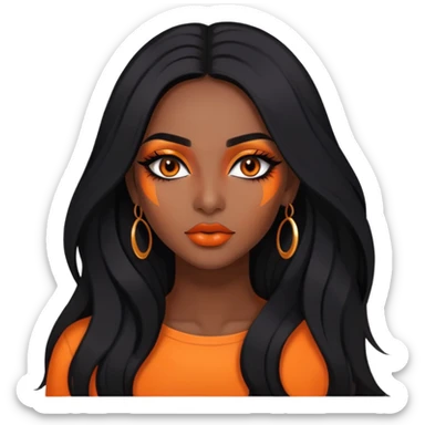 indian girl, dark skin, long black hair, orange underneath hair, baddie,pretty, makeup, lipliner, black eyeliner, sticker