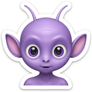 Portrait of a cute alien with round head, big shiny eyes, pastel purple skin, small antennae, friendly expression, cartoon style sticker