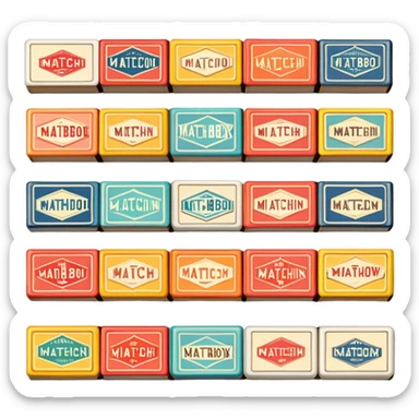 Icon for Matchbox Collecting: a collection of vintage and colorful matchboxes from different places, neatly displayed in a row or in a display case. The icon should reflect the uniqueness and diversity of matchbox collecting. Transparent background. sticker