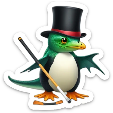 lizard with a cane and a black top hat playing hockey with a penguin sticker