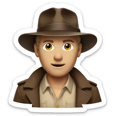 White Indiana Jones with a dark brown jacket and a brown hat, beige shirt sticker