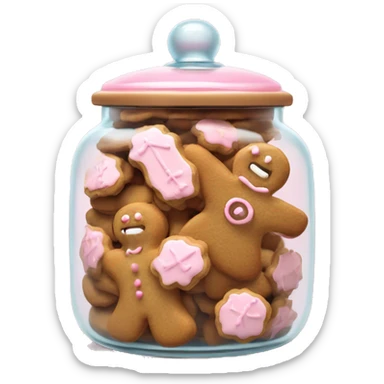 Realistic glass cookie jar with light pink lid full of gingerbread cookies isolated.  sticker