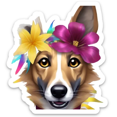  brindle brown black maroon striped lurcher Alsatian fox running blue eyes and iridescent holographic oilslick harness wearing paper iridescent tropical flower crown yellow caution tape sticker