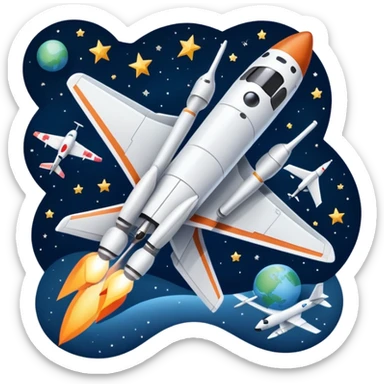 An icon featuring a space shuttle, a drone, and an airplane against a starry sky, symbolizing aerospace technology. The design includes rocket boosters and satellite orbits, representing the exploration of space and advanced aviation. Transparent background sticker