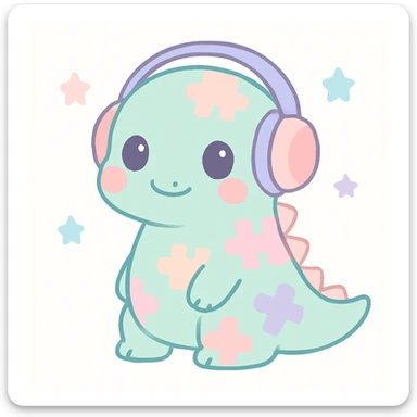 a calm and approachable dinosaur with puzzle piece patterns on its body, wearing noise-cancelling headphones, soft and cute style sticker