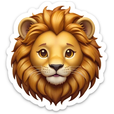 Cinematic Cute Lion Portrait Emoji, Head tilted playfully and inquisitively, featuring a glossy tawny Fur with a lush mane and round, sparkling amber eyes filled with curious mischief, Simplified yet irresistibly adorable features, highly detailed, glowing with a warm, friendly glow, high shine, affectionate and spirited, stylized with a touch of jungle whimsy, bright and endearing, soft glowing outline, capturing the essence of a mischievous yet loving lion, so playful it feels like it could pounce out of the screen and into your arms! sticker