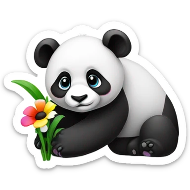 A panda sniffing a flower sticker