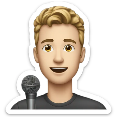 A white young man speaking on a stage with microphone sticker