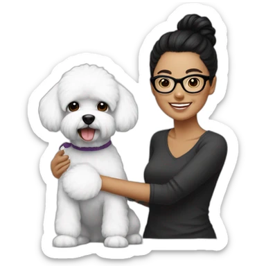 woman-black hair-bun-with glasses-with bichon dog-white-smile sticker