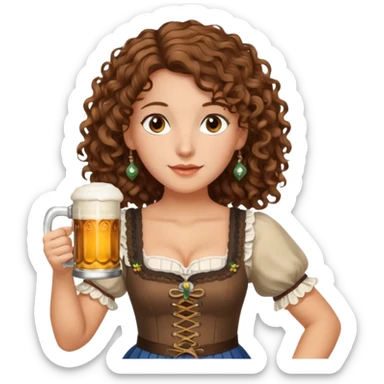 A white woman with brown, shoulder-length curly hair and brown eyes she is wearing a dirndl and holding a beer stein sticker