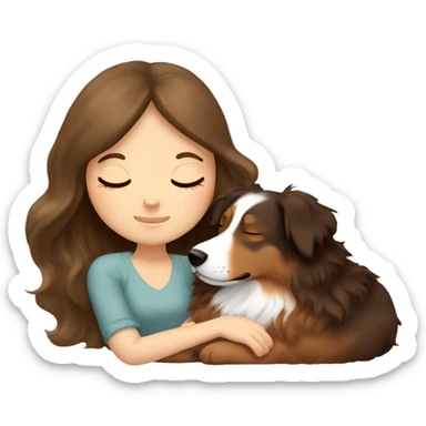 White girl brown long hair sleeping with a Australian shepherd  sticker