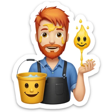 Man with red beard carrying bucket of melting smiley face sticker