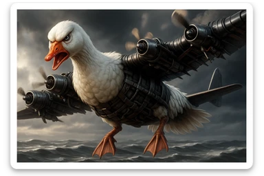 Change the expression of the goose-plane creature to angry, keeping all other details and colors the same, in a style consistent with the original image. sticker